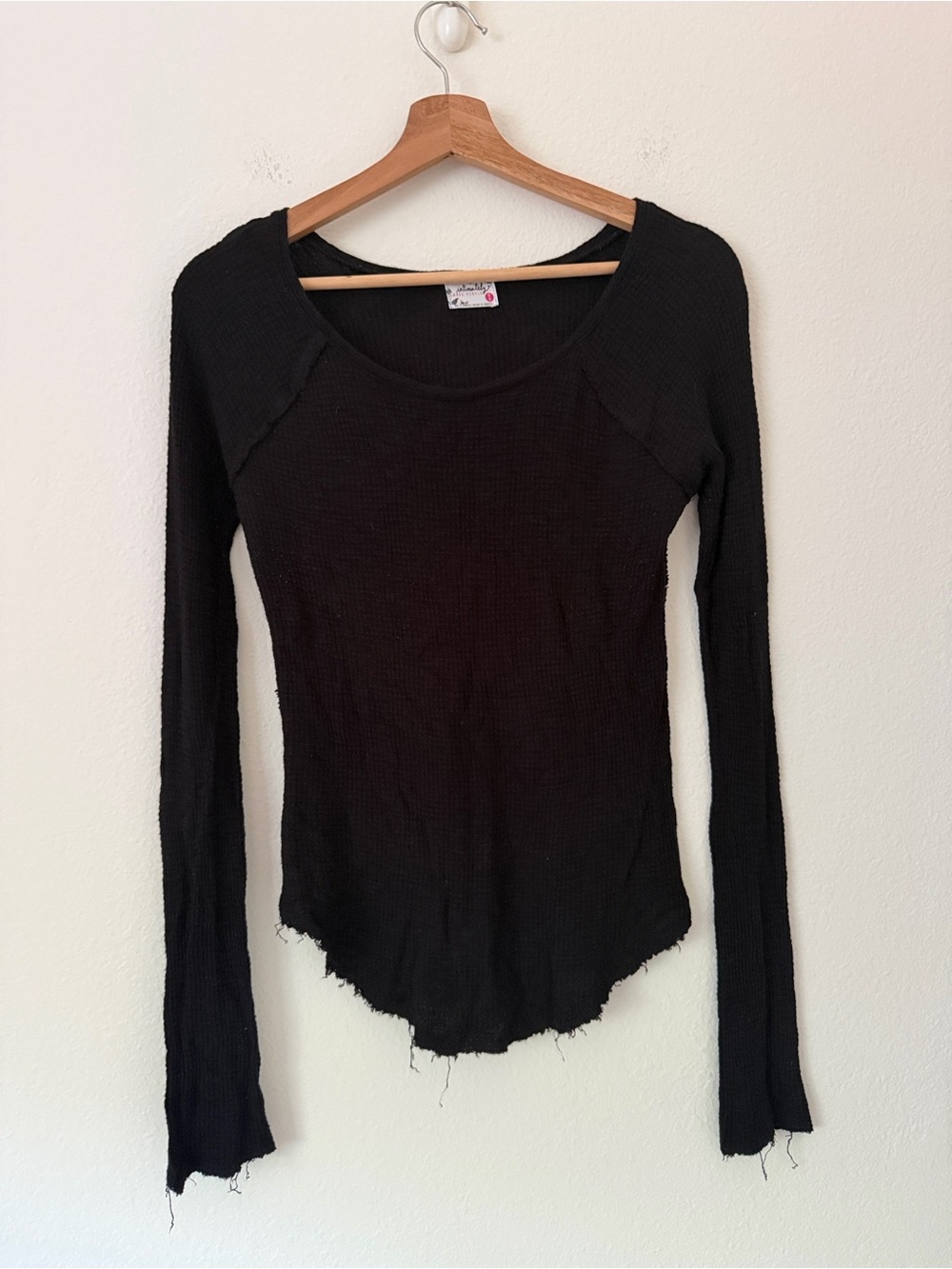 Free People Intimately Thermal Long Sleeve Waffle Knit Shirt Size Medium M Black